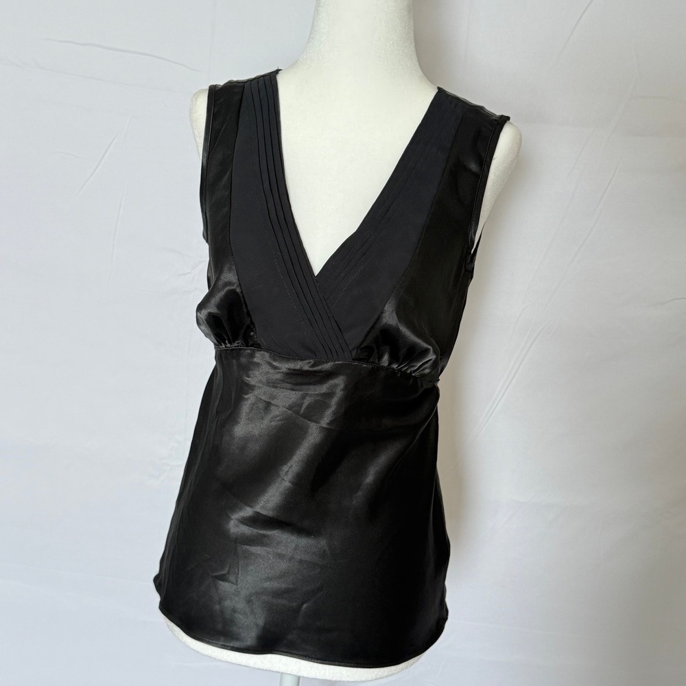 George Black Satin V-Neck Pleated Empire Waist Tie‎ Back Tank Top Casual S 4/6